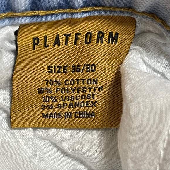 Platform Jeans Mens W36/L30 Slim Stretch Light Acid Wash Blue Denim Ripped Knees - Picture 8 of 9